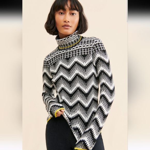 ANTHROPOLOGIE MAEVE ski Slope Turtleneck Sweater in black/white. Size small - Picture 1 of 16